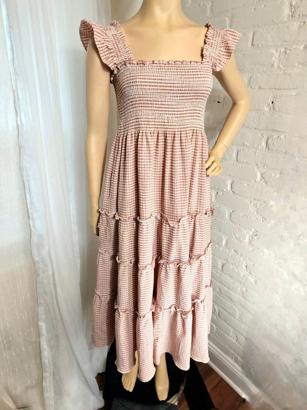 O.P.T One Pretty Time Gingham Smocked Tiered Midi Dress Size L Pink Ruffle Strap